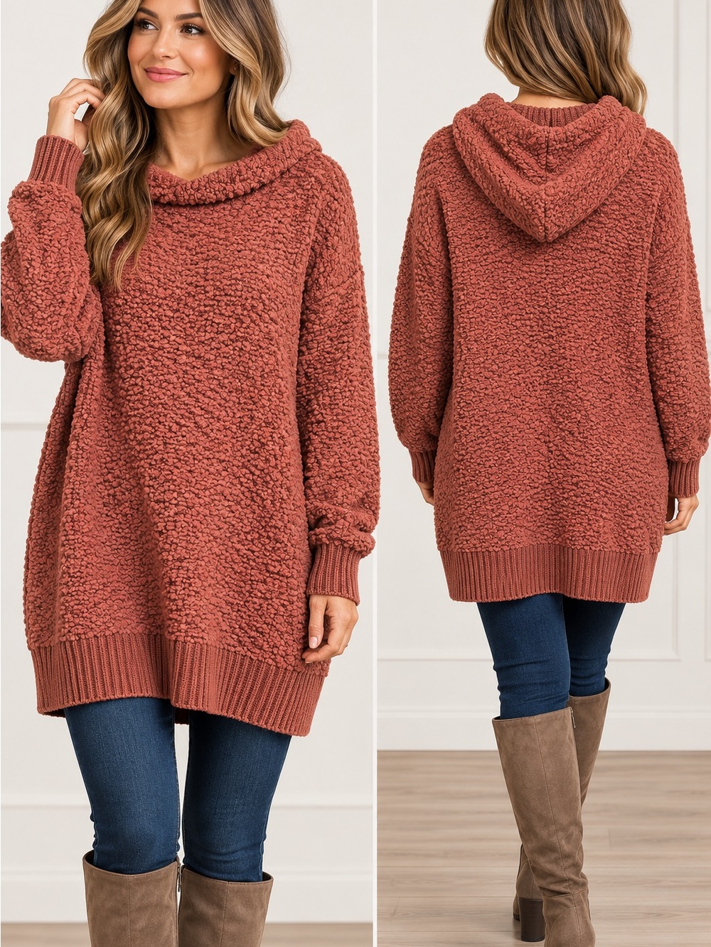 Zenana Premium Women’s Large Dusty Mauve Chenille Hooded Sweater Tunic Cozy